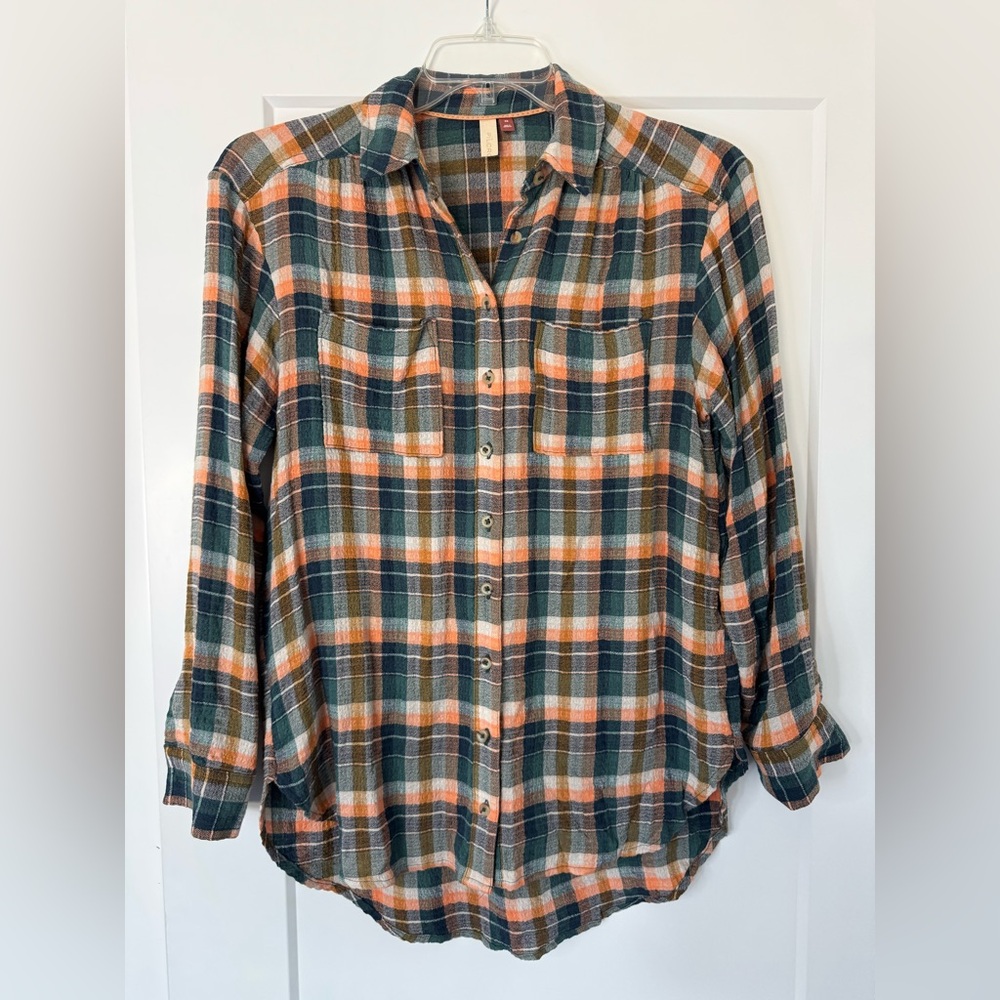 Pilcro Plaid Button Down Shirt - Green, Orange, White